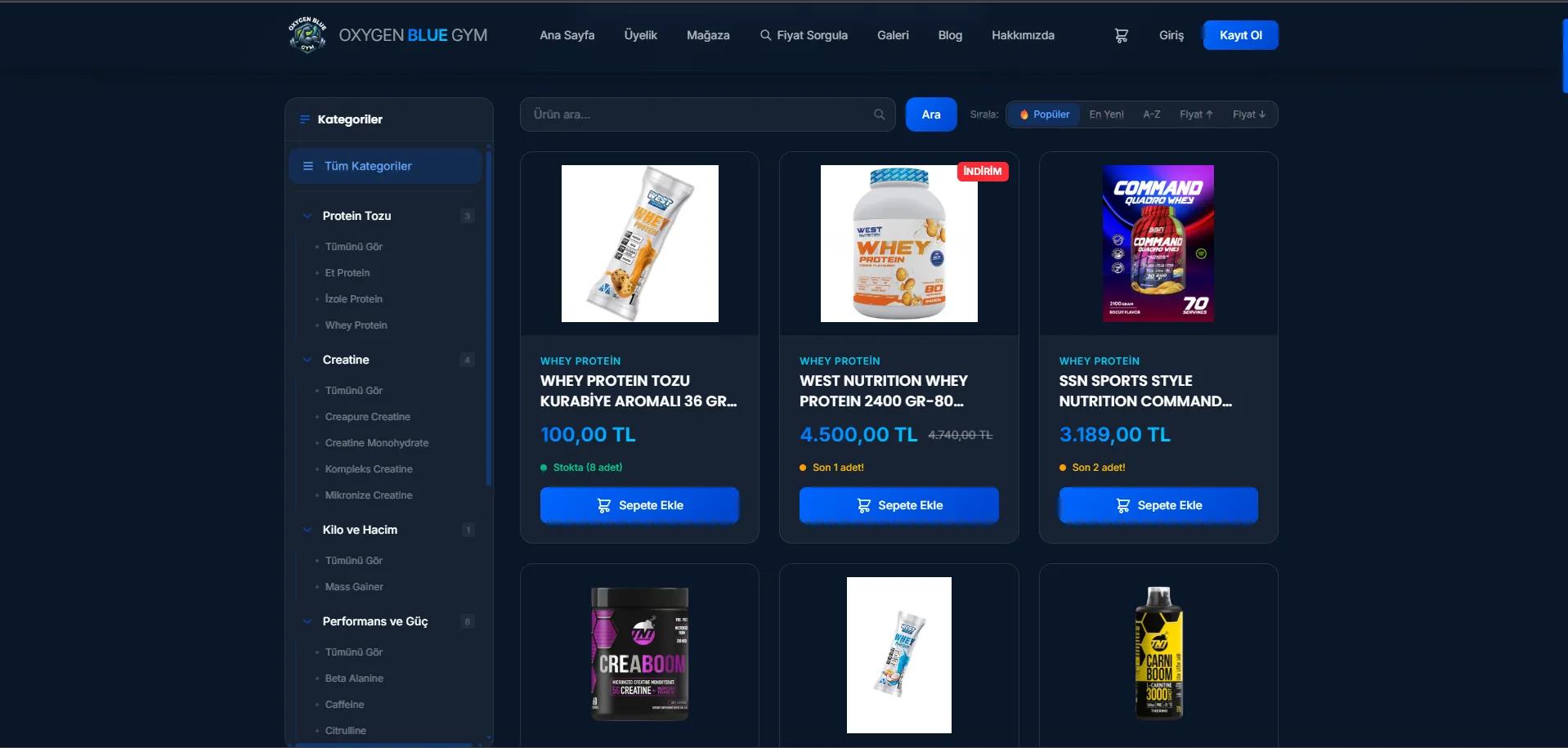 Oxygen Blue Gym E-Ticaret Platformu